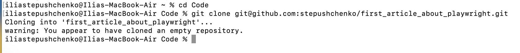 Процесс перехода к папке Code и клонирования репозитория с GitHub