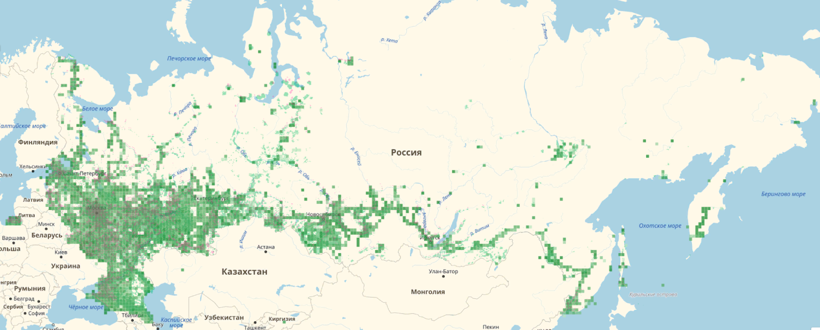 Зона покрытия сотовой связью 3G в России на февраль 2019 г. Все операторы