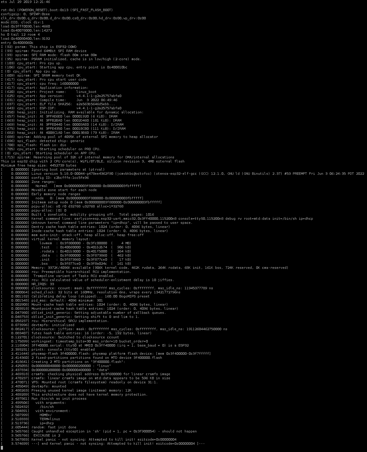 Лог загрузки ядра xtensa linux-5.18 на esp32