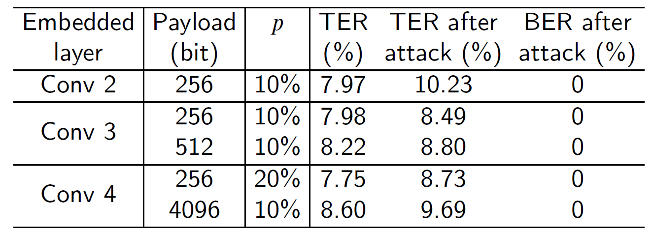 Таблица 3. TER и BER после применения к подписанной DNN операции pruning. Здесь p - это % от общего числа весов в слое, содержащем метку, которые были  обращены в 0. 