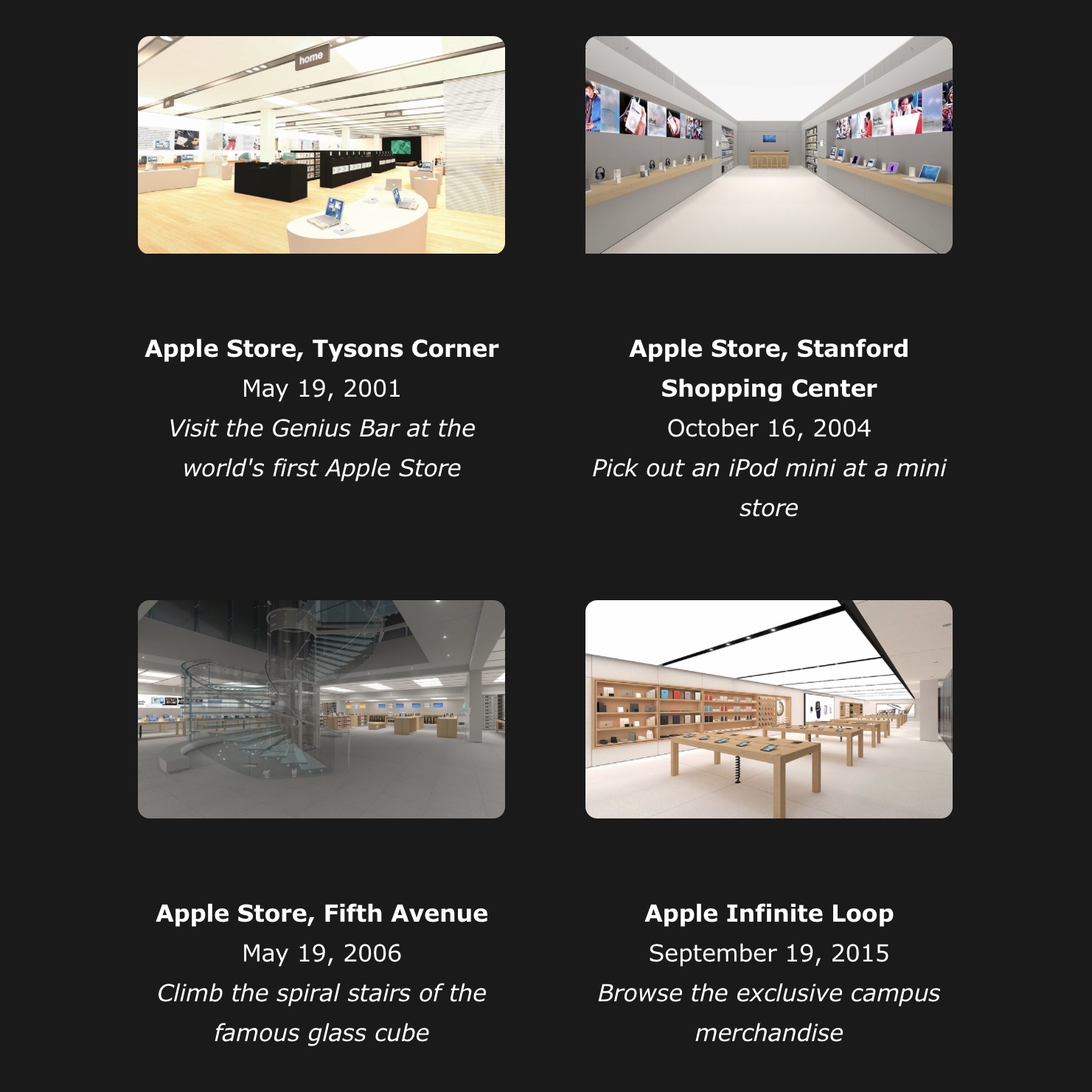 Прогуляться по одному из этих четырёх магазинов хотя бы виртуально можно в специальной Машине Времени Apple Store