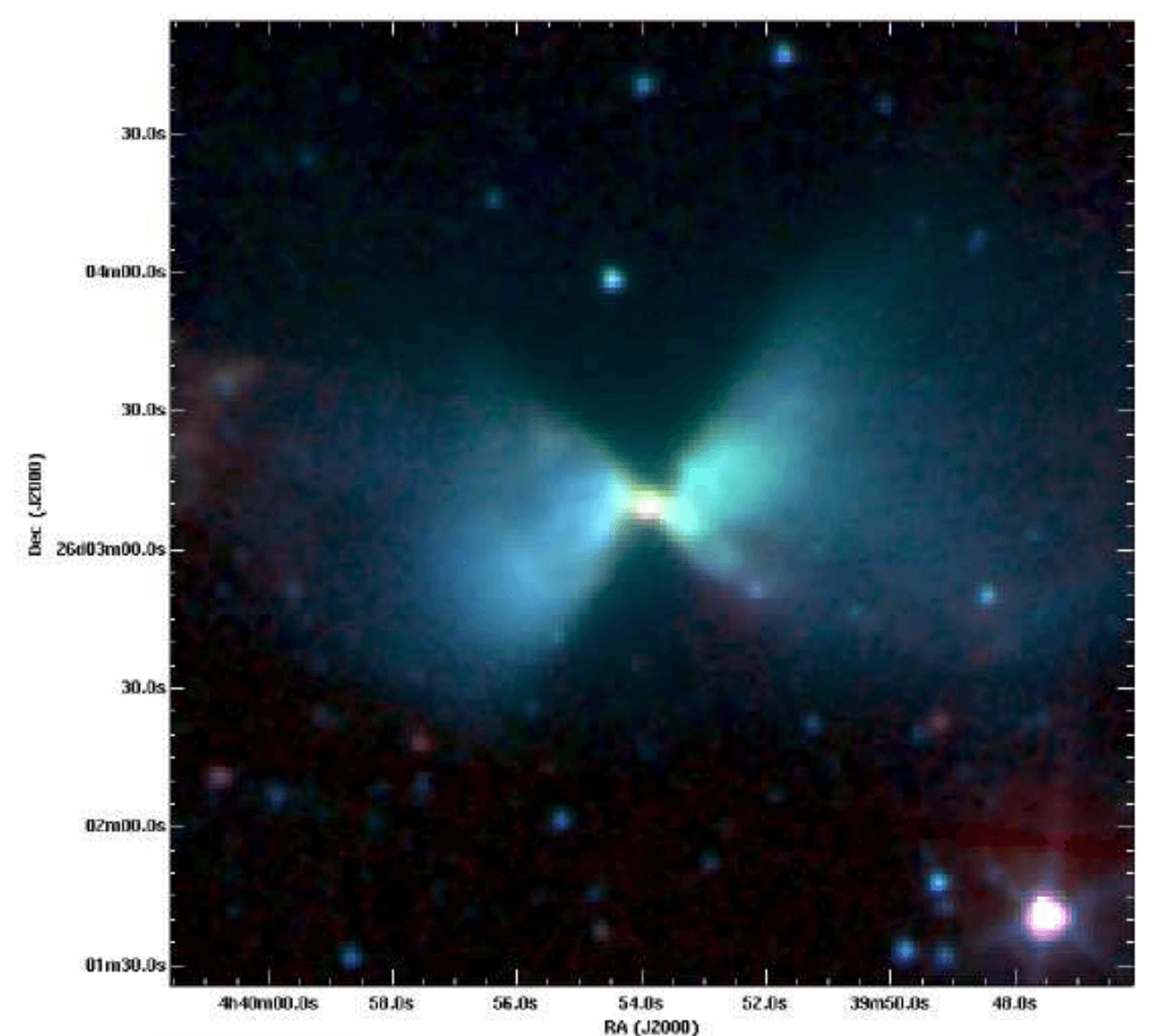 Цвета отражают разные длины волн. Голубой — 3,6 мкм, зелёный — 4,5 мкм, красный — 8 мкм Цвета отражают разные длины волн. Голубой — 3,6 мкм, зелёный — 4,5 мкм, красный — 8 мкм