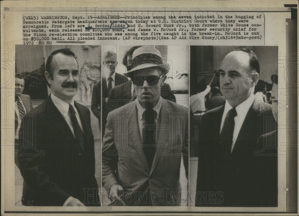 1972 г. Пресс-фото Уотергейтского скандала. Слава направо: Дж. Гордон Лидди, Э. Ховард Хант-младший, Джеймс В. МакКорд-младший.
