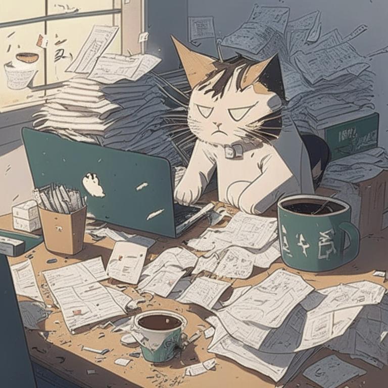 @svetofor_columb:  "Кот в шоке, ему приходит очень много текстовых сообщений и писем, повсюду слова, он закопался в сообщения, вокруг хаос, листы с текстом, компьютер и чашка кофе", стиль: anime
