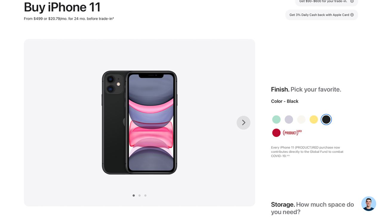 Логика оформления по каждому параметру модели изменилась, вот так теперь выглядит выбор цвета для iPhone 11