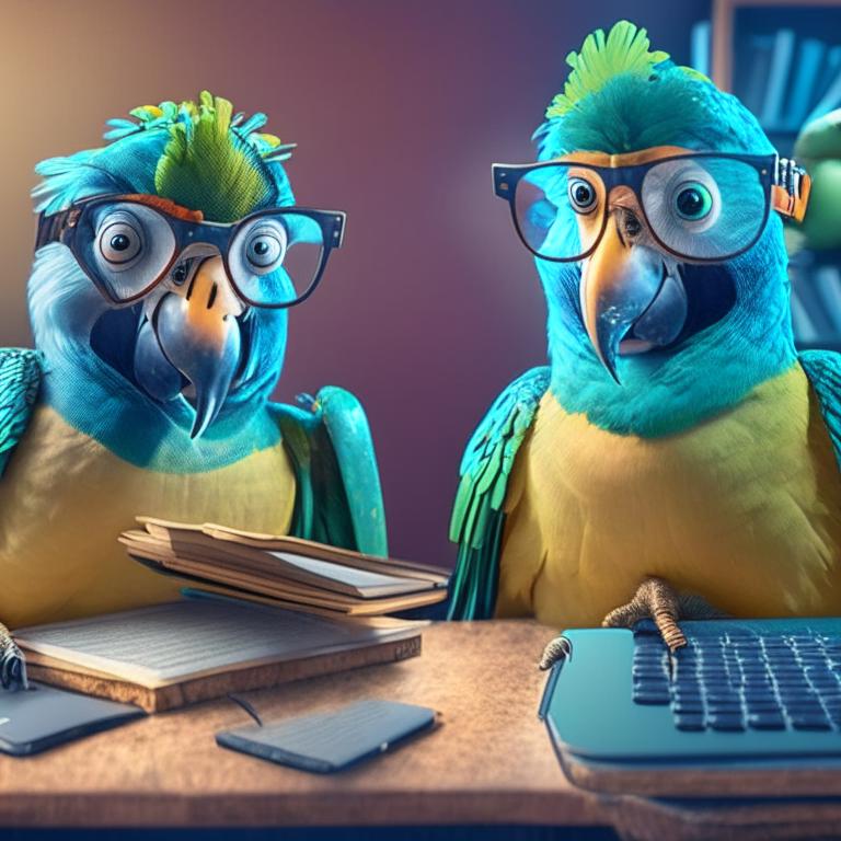 @AKlimenkov: two funny happy parrots on in glasses sitting by computer, books at the table