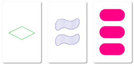 Пример сета, в котором все карты имеют разные параметры: у них разные цвета, разные фигуры, разное количество и разная текстура (пустая, заштрихованная и закрашенная).