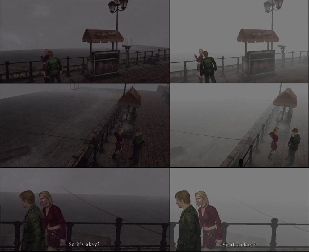 В ремастере Silent Hill 2 туман почти полностью рассеялся, обнажив «деревянную» воду и край виртуального мира