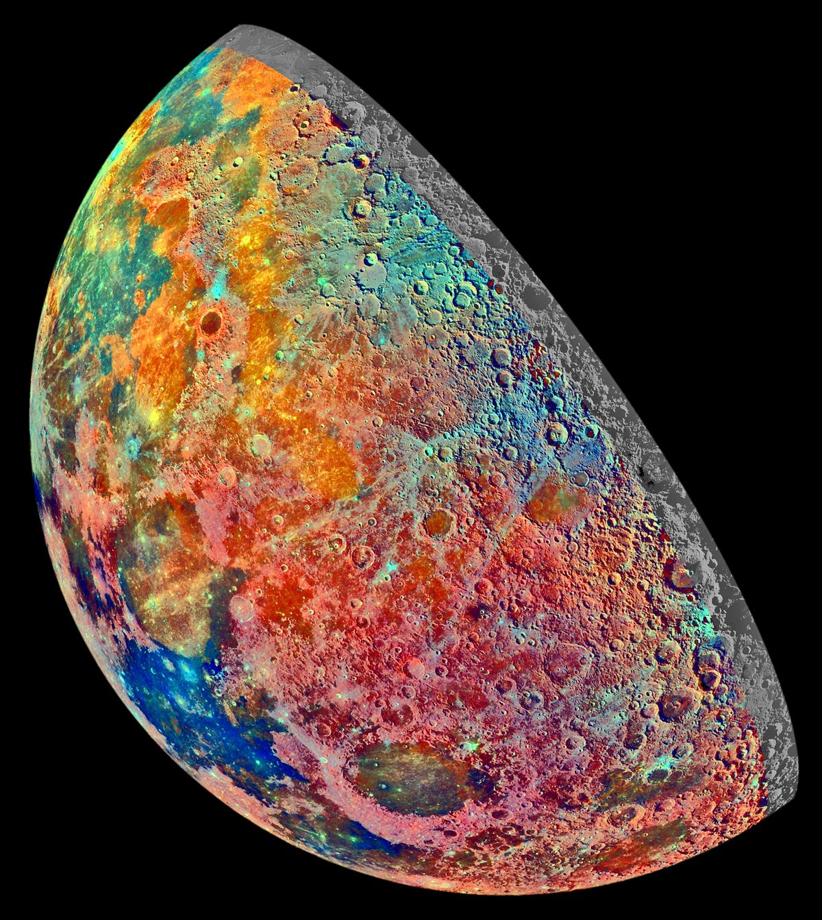 Искусственно окрашенная мозаика, построенная из 53 изображений, снятых через три спектральных фильтра системой визуализации Галилео, когда космический корабль пролетал над северными областями Луны 7 декабря 1992 года. Цветами обозначены разные материалы.
