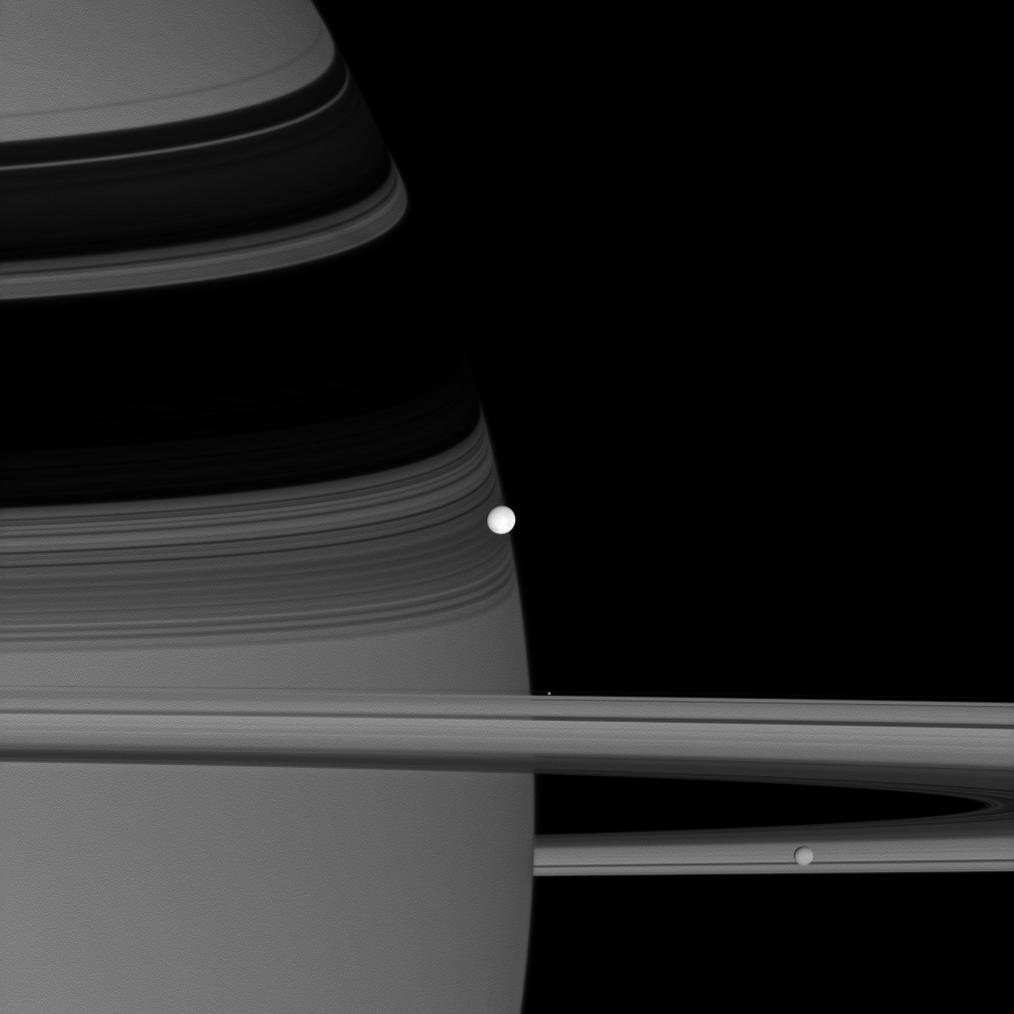 Космический аппарат NASA «Кассини» сделал это изображение Энцелада (в центре) в 2007 году. Также на снимке видны две другие луны: Пандора, яркое пятнышко, парящее рядом с кольцами, и Мимас, справа внизу. Credit: NASA/JPL/Space Science Institute