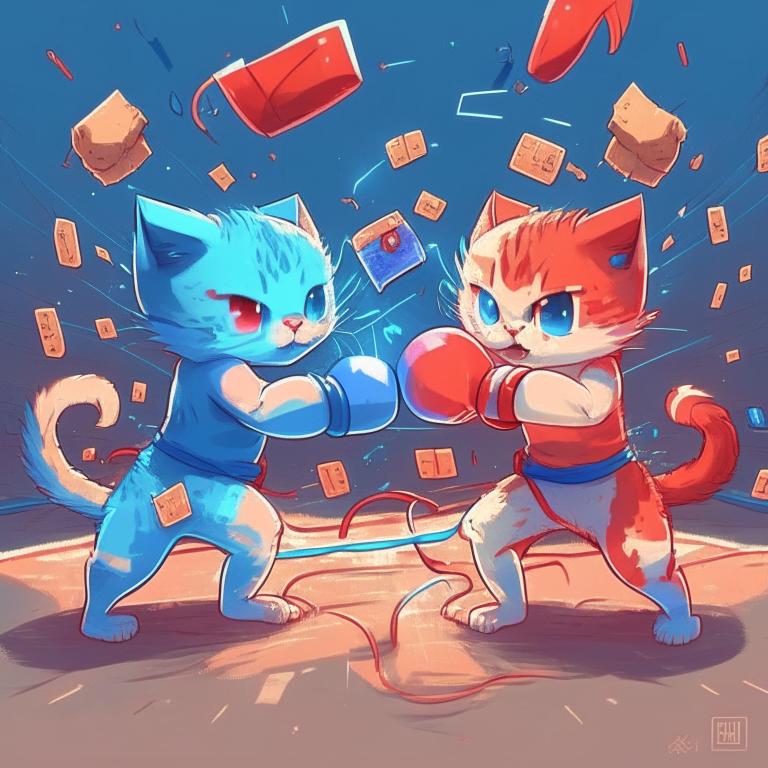 "Chatgpt 3 in Red shorts and Chatgpt 4 in blue shorts on the ring fighting each other as two cute kittens with coding background", стиль: anime  