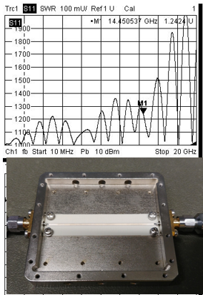Рис. 13. SMA разъём SMA-KFD84 с микрополосковой линией передачи длинной 60мм  (Rogers RO4003C 0,508мм) и частотная зависимость КСВ 