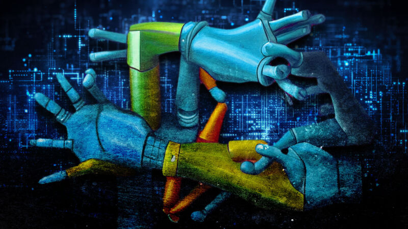 Это изображение было частично сгенерировано искусственным интеллектом по подсказке «пара рук роботов, держащих карандаши, рисующих пару человеческих рук, картина маслом, красочное изображение». Вдохновением  послужил классический рисунок М.К. Эшера. 