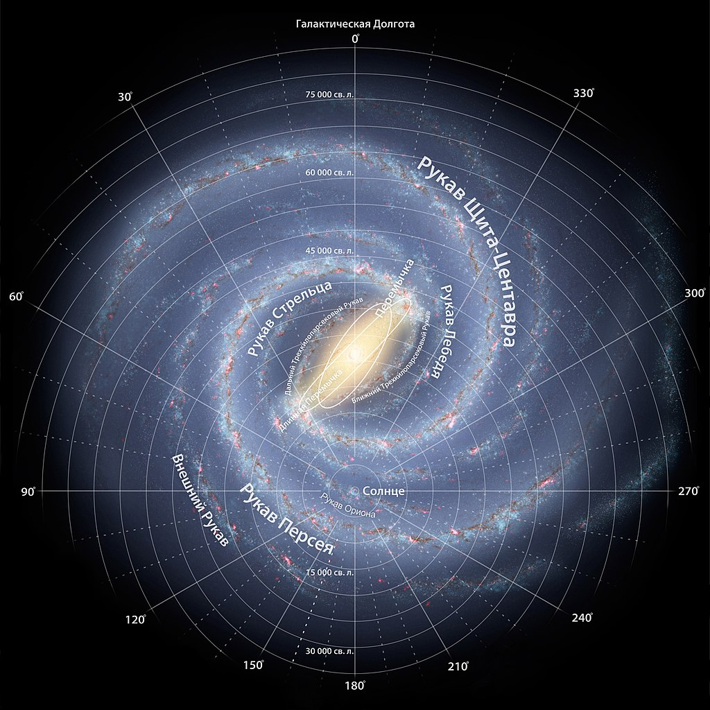 Модель Млечного Пути c положением Солнечной системы. Wikipedia