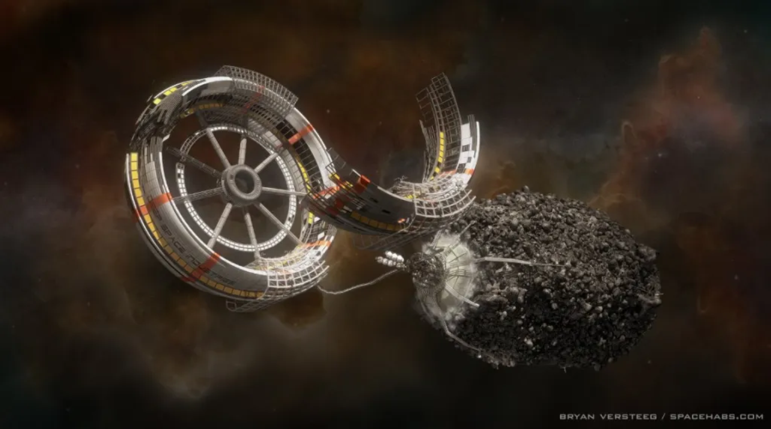 Представление художника о вращающемся космическом поселении, построенном из материалов астероидов. Credits: Bryan Versteeg / Spacehabs.com