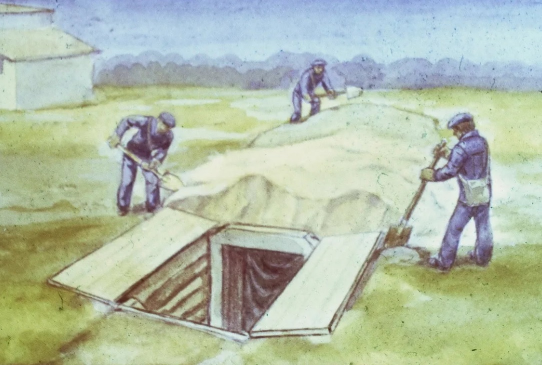 Самодельное полевое укрытие от ядерного взрыва, кадр из учебного диафильма по гражданской обороне