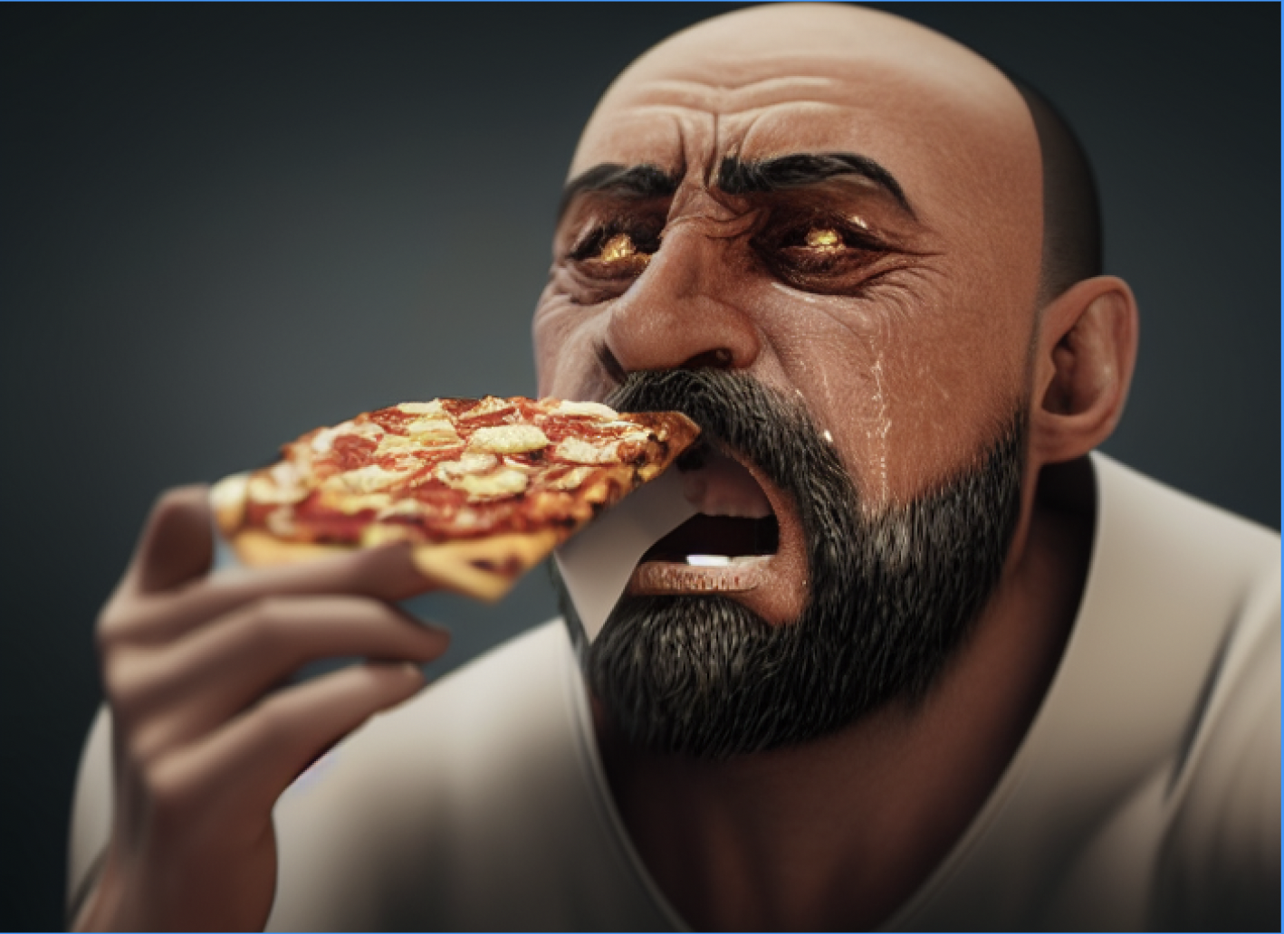 Описание: italian man crying while eating pizza, 4K,3D,HDR,DLSS,Cycles Render,Ultra Details,hyperrealistic
