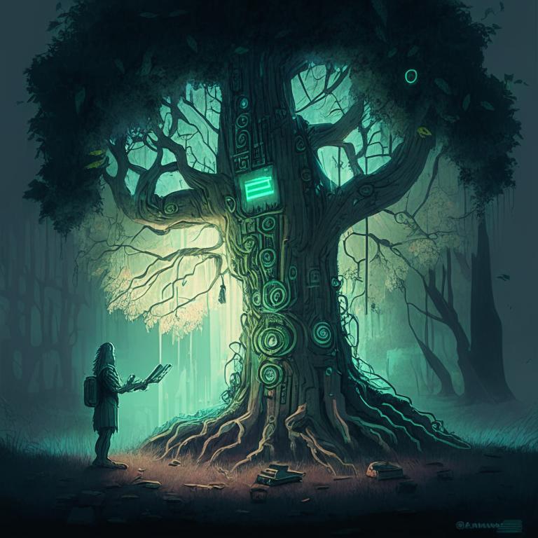 @yurixi: Иллюстрация к рассказу в котором мифическое дерево отвечает на вопросы киберпанковскому мужчине
