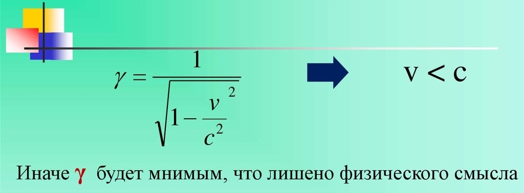 Формула релятивистского коэффициента, с которым при достижении скорости света произойдет потеря физического смысла. Источник: https://ppt-online.org/258386