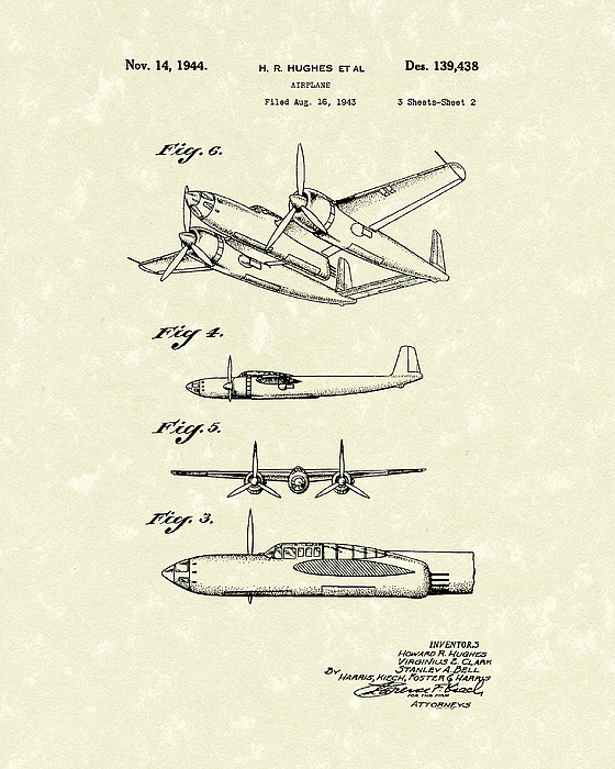 Чертежи прообразов H-4 из патента Говарда Хьюза. 1943-1944. Источник