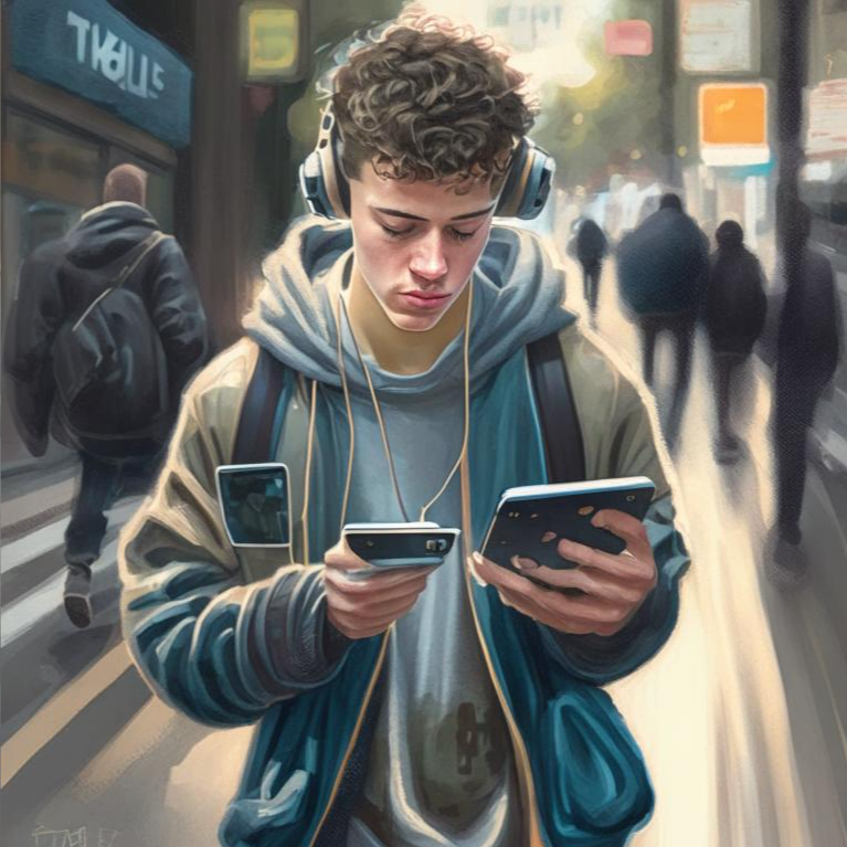 @helpme911: Молодой человек скроллит социальную сеть в телефоне, в наушниках, переходит дорогу, пять пальцев