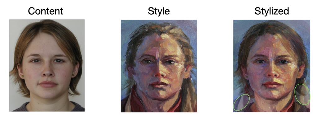 Пример ghosting артефакта – в данном случае плечо и волосы со стилевого портрета попали на задний фон стилизованного [6]