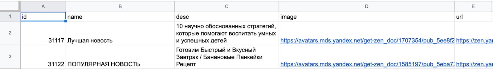 Пример оформления листа в сервисе Google Sheets