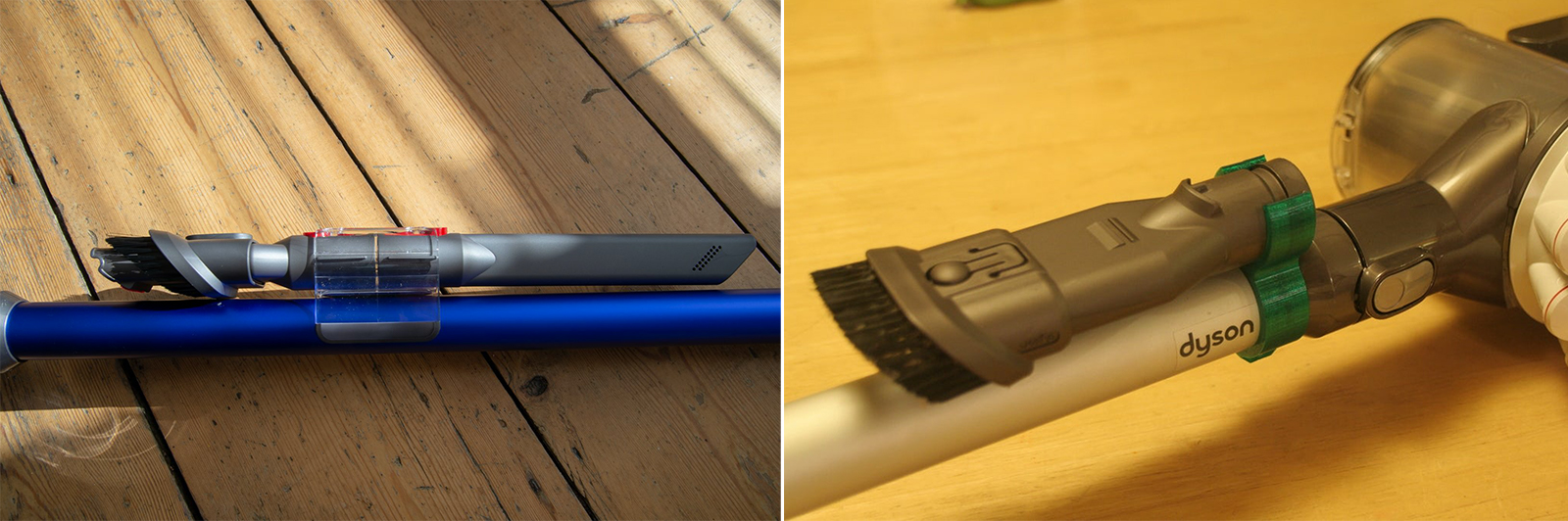 On the left is the native Dyson holder (2019), on the right is the model from Thingiverse (2017).  Photo: trustedreviews.com