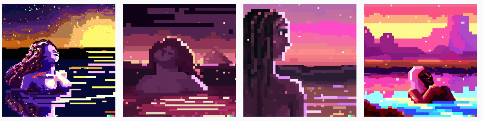 Instagram woman with a large bust bathes in the Martian river at sunset, digital art, pixel art, 8k resolution, galaxy and purple colours