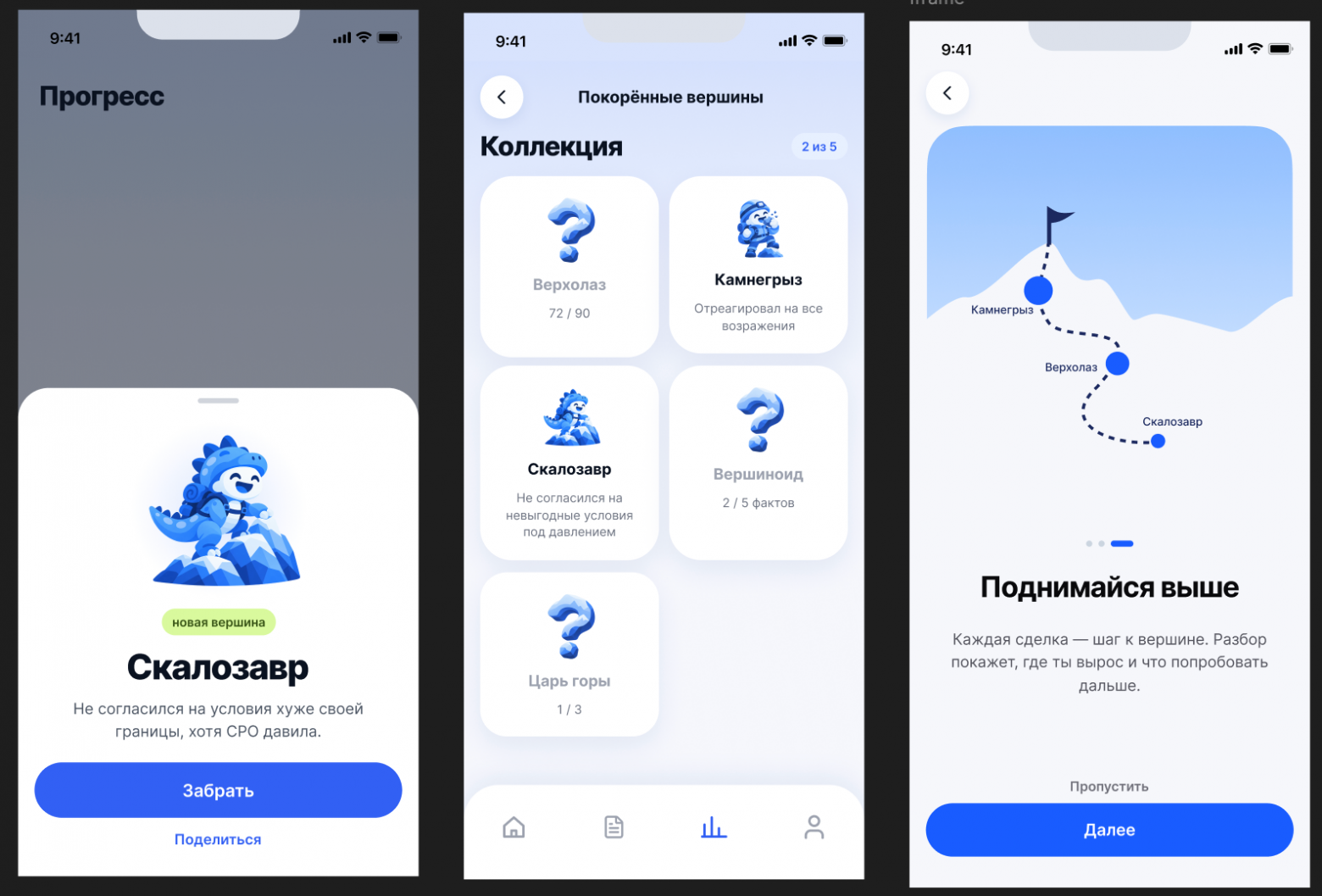 Примеры скринов интерфейса слоя геймификации тренажера переговоров "Вершина" для ОЭЗ "Алабуга"