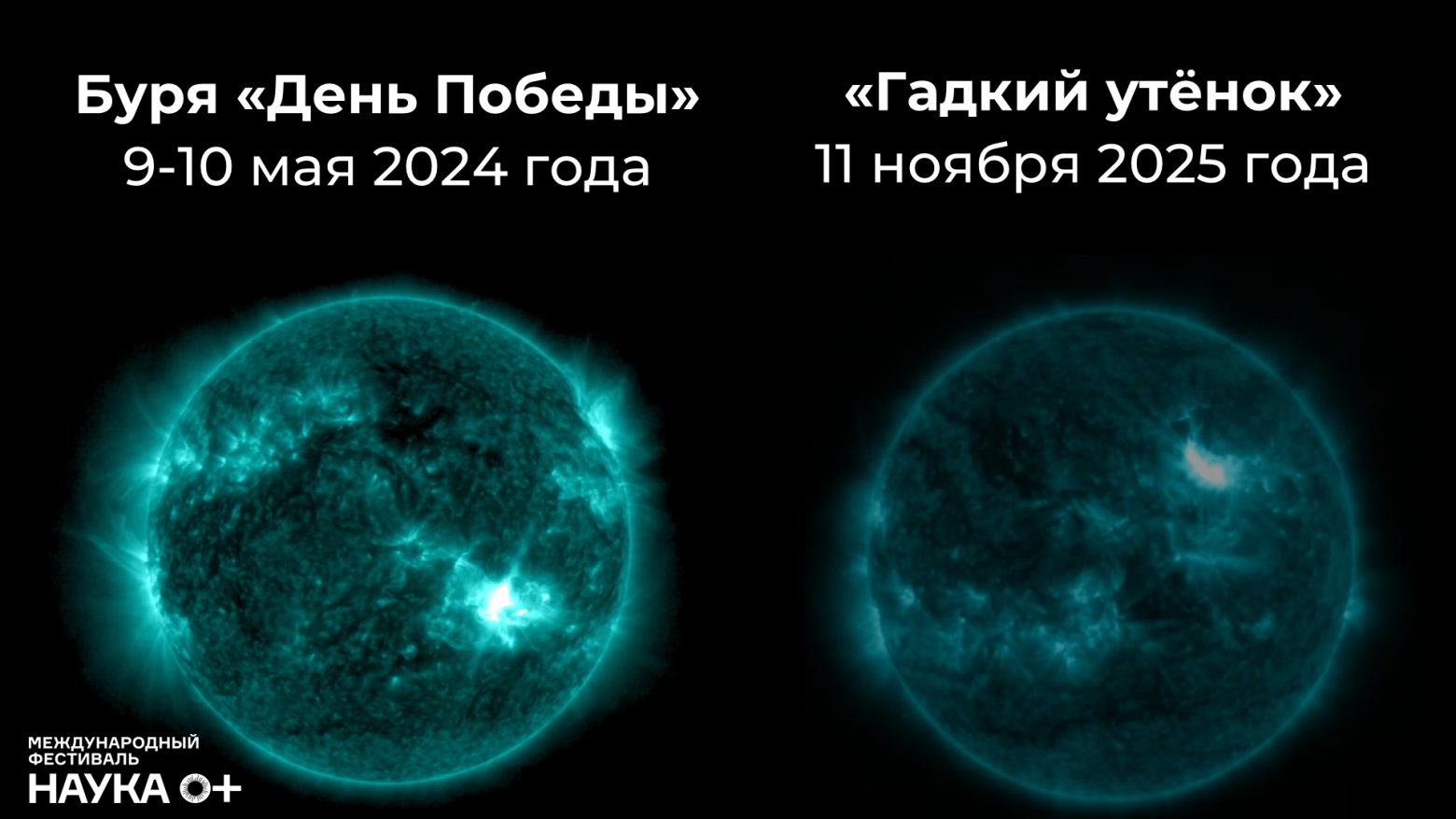А вот ещё две относительно мощные магнитные бури, случившиеся совсем недавно. В мае 2024 года (почти в День Победы, сияния наблюдались южнее обычного в северном полушарии, и севернее обычного в южном полушарии, например, в Австралии, Новой Зеландии, Чили, Аргентине и т.д.). И буря в ноябре 2025 (её окрестили «Гадким утёнком», потому что в аналогичную дату Андерсен издал свою сказку и ещё потому что буря возникла неожиданно — на фоне прогнозов о спаде активности: ожидалось затишье, но Солнце «подарило» мощное событие, которое словно «гадкий утёнок», неожиданно выросло и оказалось не таким, как ждали).