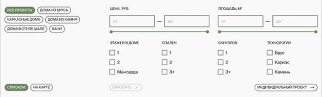 Фильтр в макете. Поля и ползунки для цены и площади, группы чекбоксов, переключатель «списком / на карте».