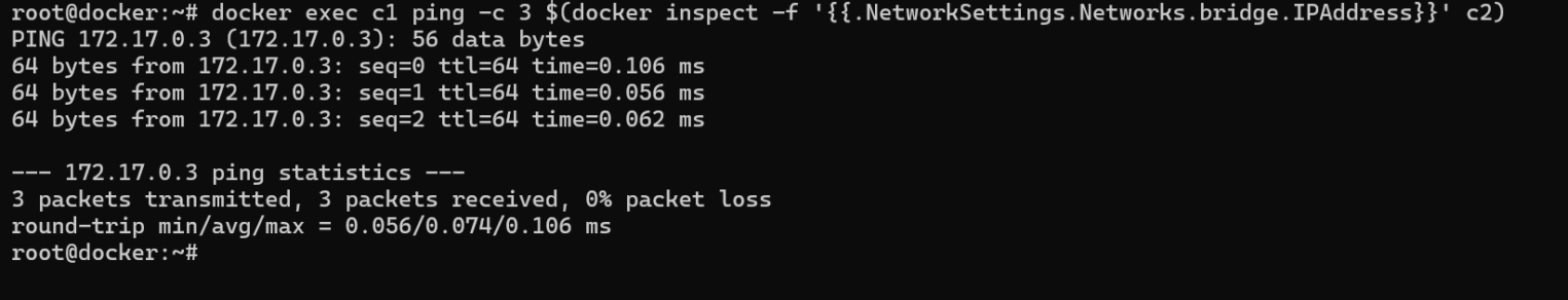 Проверка сетевой связности между Docker-контейнерами: успешная отправка ICMP-запросов с помощью утилиты ping.