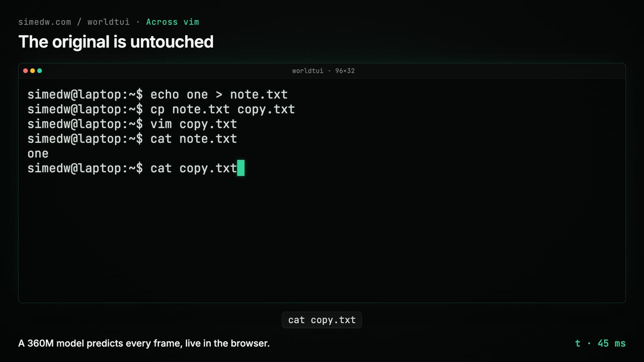 Копия файла правится в vim, оригинал остаётся нетронутым. Кадр из видео автора