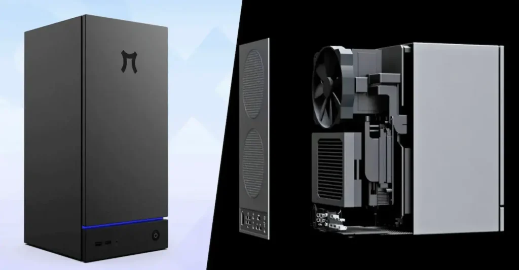 Мини-ПК Pimax Spation на базе Ryzen 7 9800X3D и GeForce RTX 5070 Ti, внешний вид и внутреннее устройство в разрезе.