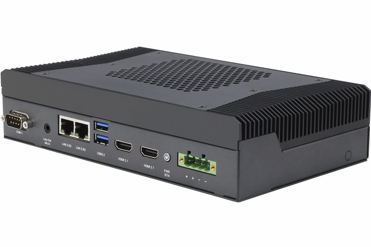 Задняя панель портов промышленного мини-ПК AAEON UP Xtreme PTL Edge Air с интерфейсами COM, LAN и HDMI.