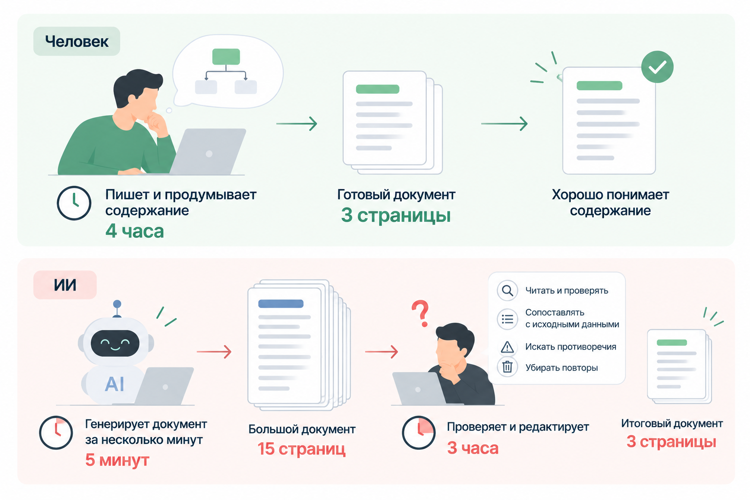 Сравнение: на что уходит время без ИИ и с ИИ Сравнение: на что уходит время без ИИ и с ИИ