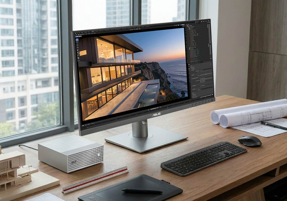 Компактная рабочая станция ASUS ProArt GR1X на деревянном рабочем столе рядом с монитором, клавиатурой и графическим планшетом.