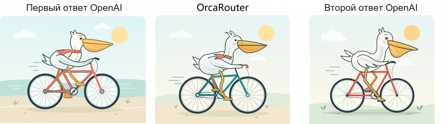 Рис. 2. OrcaRouter. Слева направо: первый ответ OpenAI, ответ платформы, второй ответ OpenAI. Все четыре признака совпадают. Отличия в деталях: бирюзовая рама, коричневые ручки руля и положение ног.