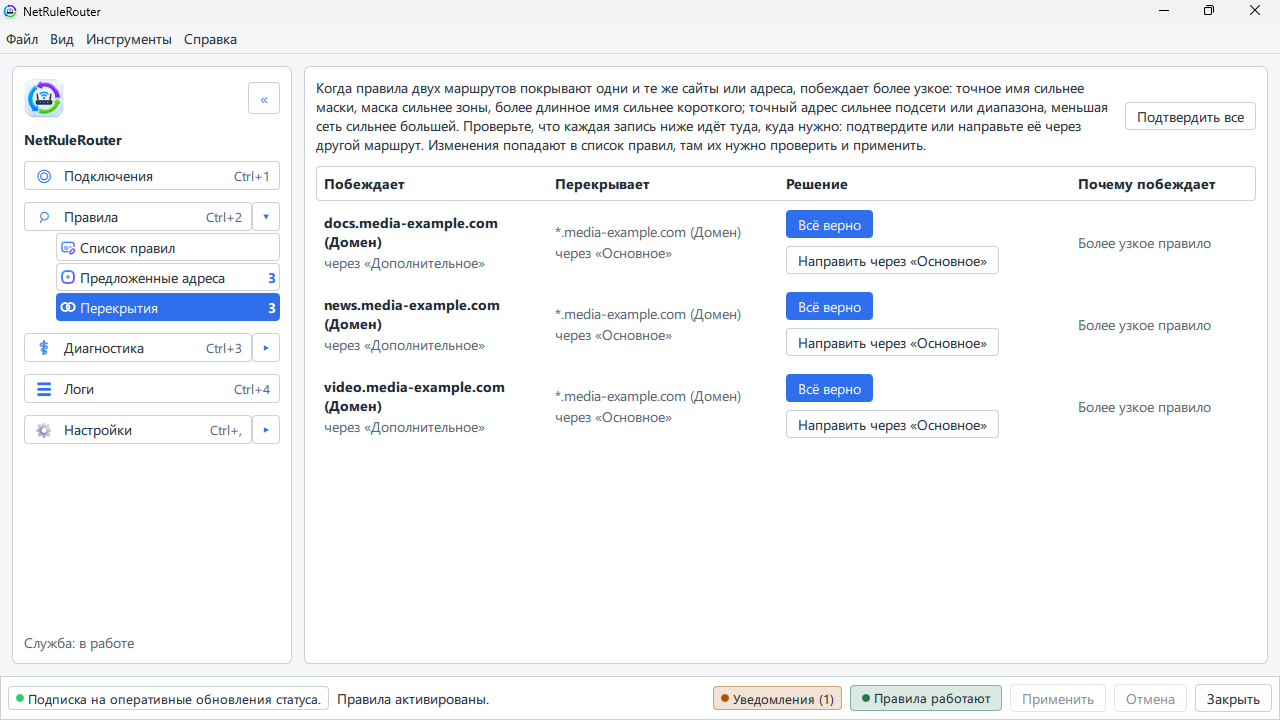 Просмотр пересечений правил и их приоритетов. Просмотр пересечений правил и их приоритетов.