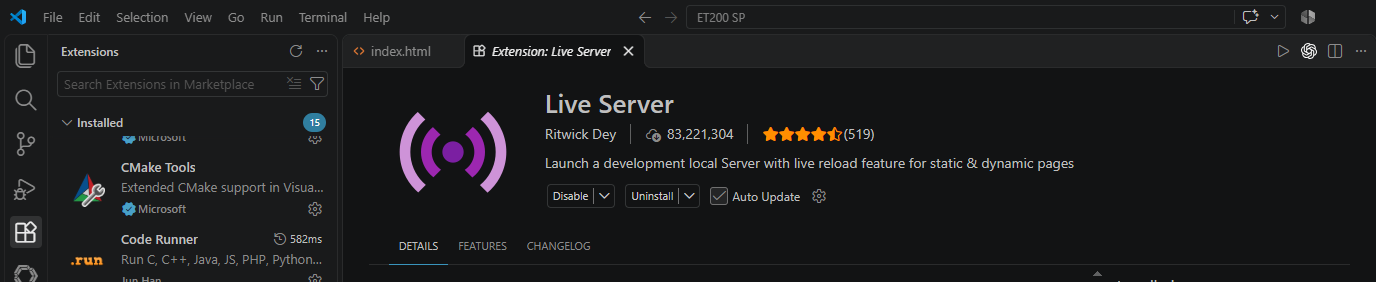 Расширение Live Server во встроенном магазине VS Code