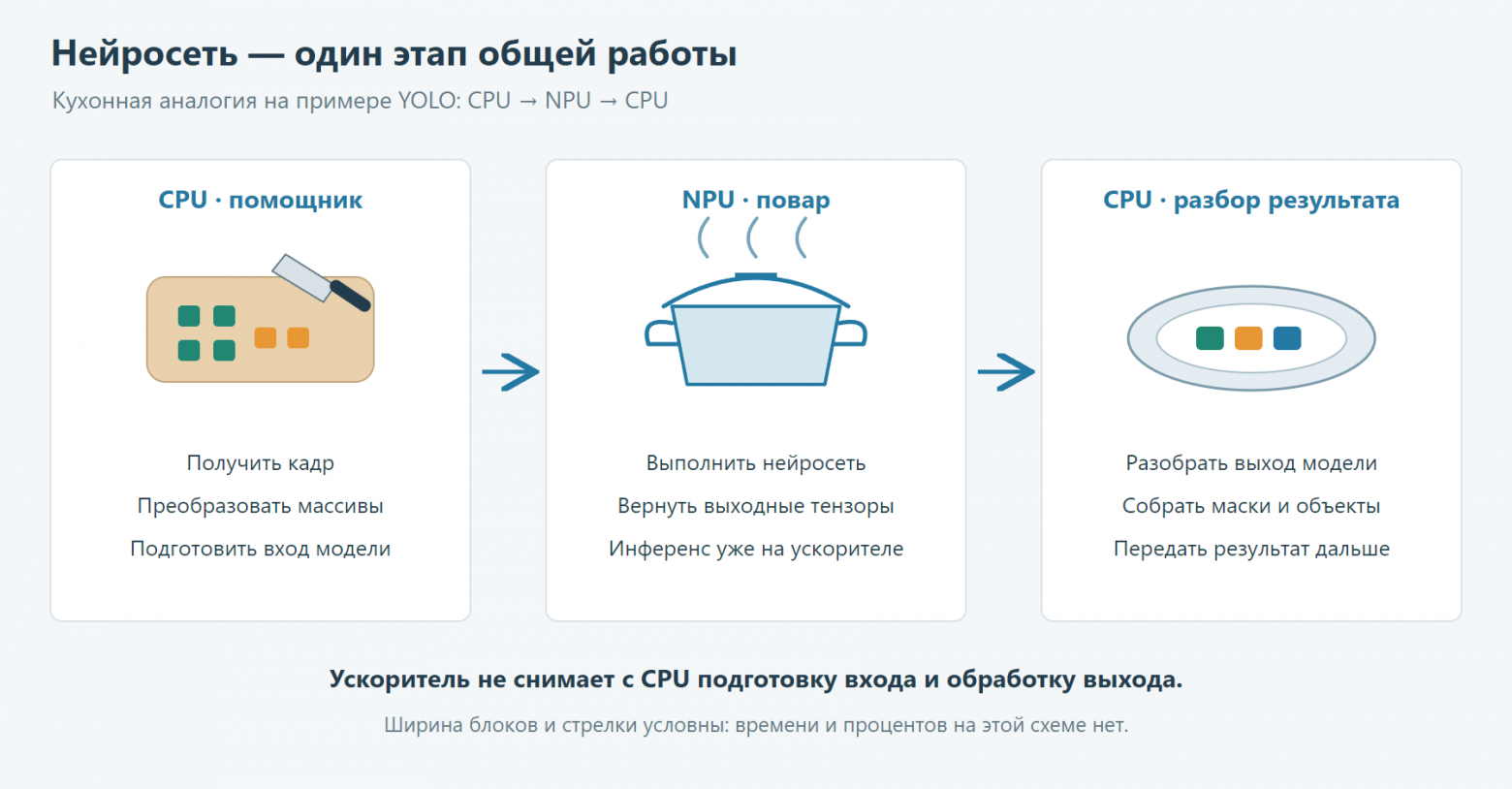 Распределение работы: CPU готовит вход, NPU исполняет модель, CPU разбирает результат.
