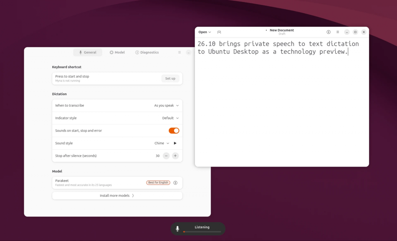 Предварительная версия Myna. Источник. Открыты два окна: одно — для управления Myna, второе — текстовый редактор для демонстрации ее возможностей.