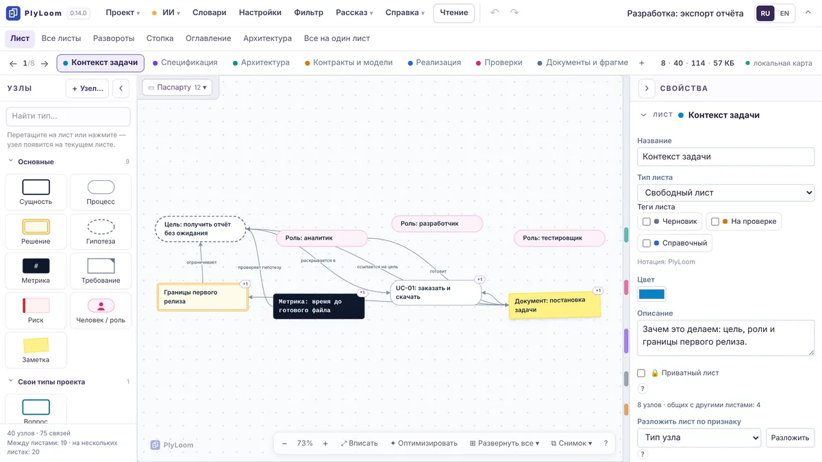 PlyLoom 0.14 на том же экране: две строки сверху, полоса листа, холст до низа окна