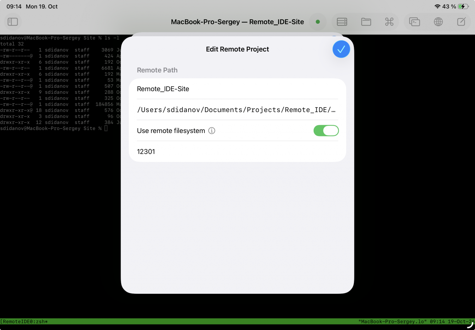 Диалог Edit Remote Project: путь на сервере, переключатель Use remote filesystem и поле порта dev-сервера
