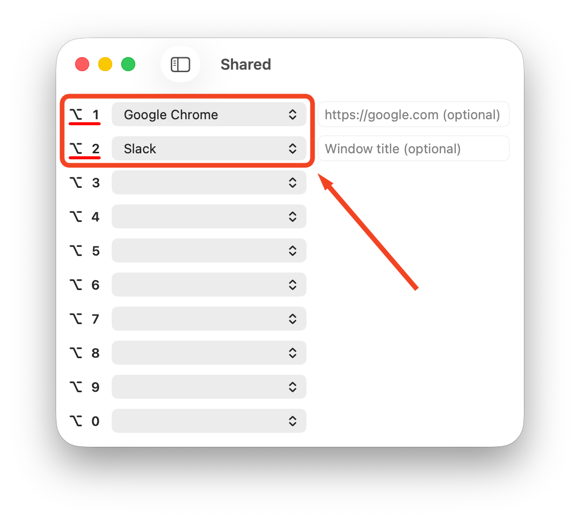 ⌥-1 для Chrome, ⌥-2 для Slack