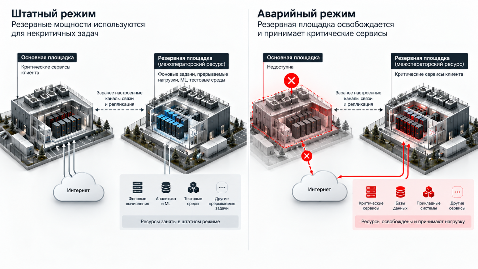 Схема 3. В штатном режиме резервные мощности используются для прерываемых задач, а при аварии освобождаются под критические сервисы.