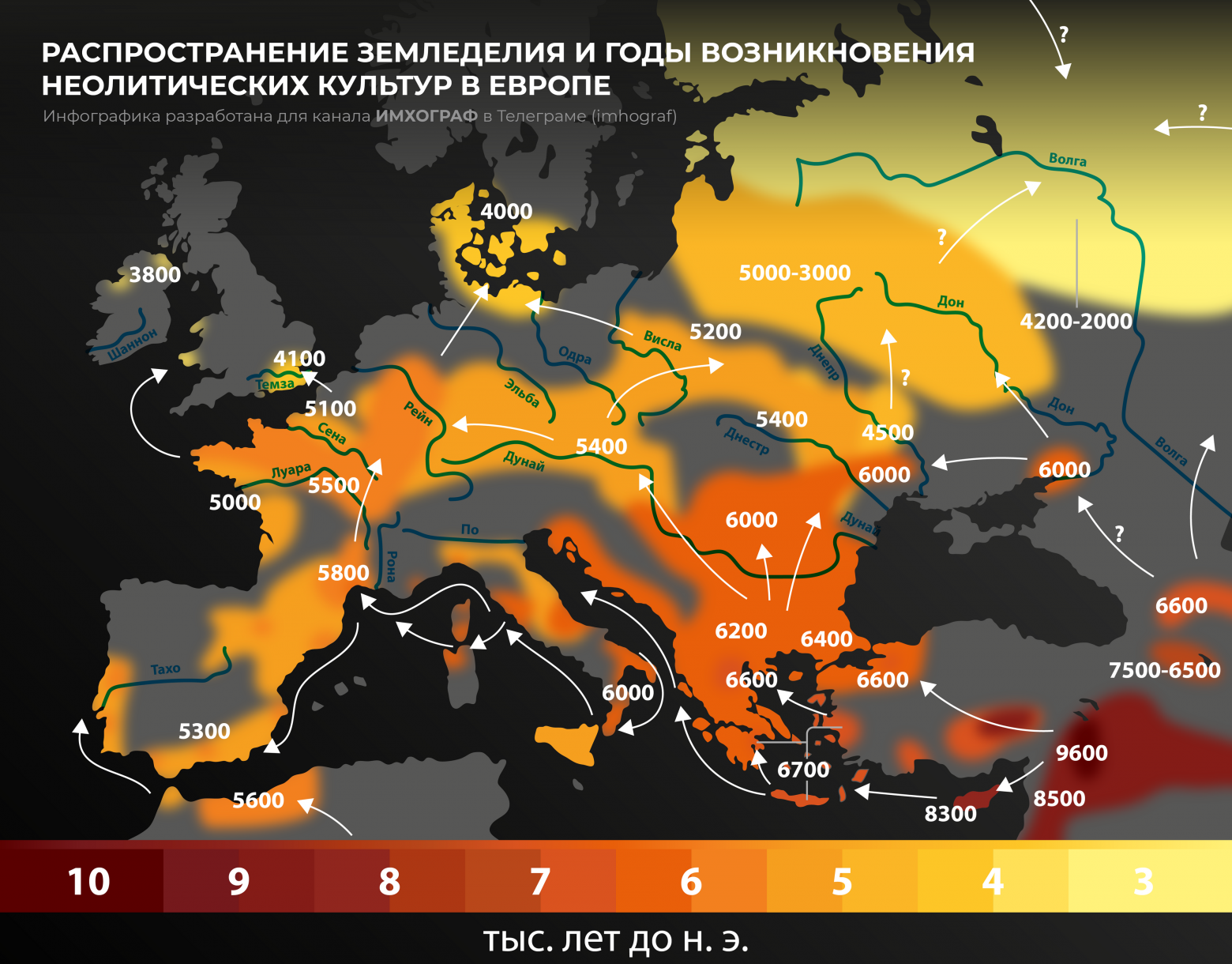 Распространение земледелия из Плодородного полумесяца по территории Европы с датами. Авторство: Lobotras. Собственная работа, CC BY-SA 4.0, https://commons.wikimedia.org/w/index.php?curid=104913174 Распространение земледелия из Плодородного полумесяца по территории Европы с датами. Авторство: Lobotras. Собственная работа, CC BY-SA 4.0, https://commons.wikimedia.org/w/index.php?curid=104913174