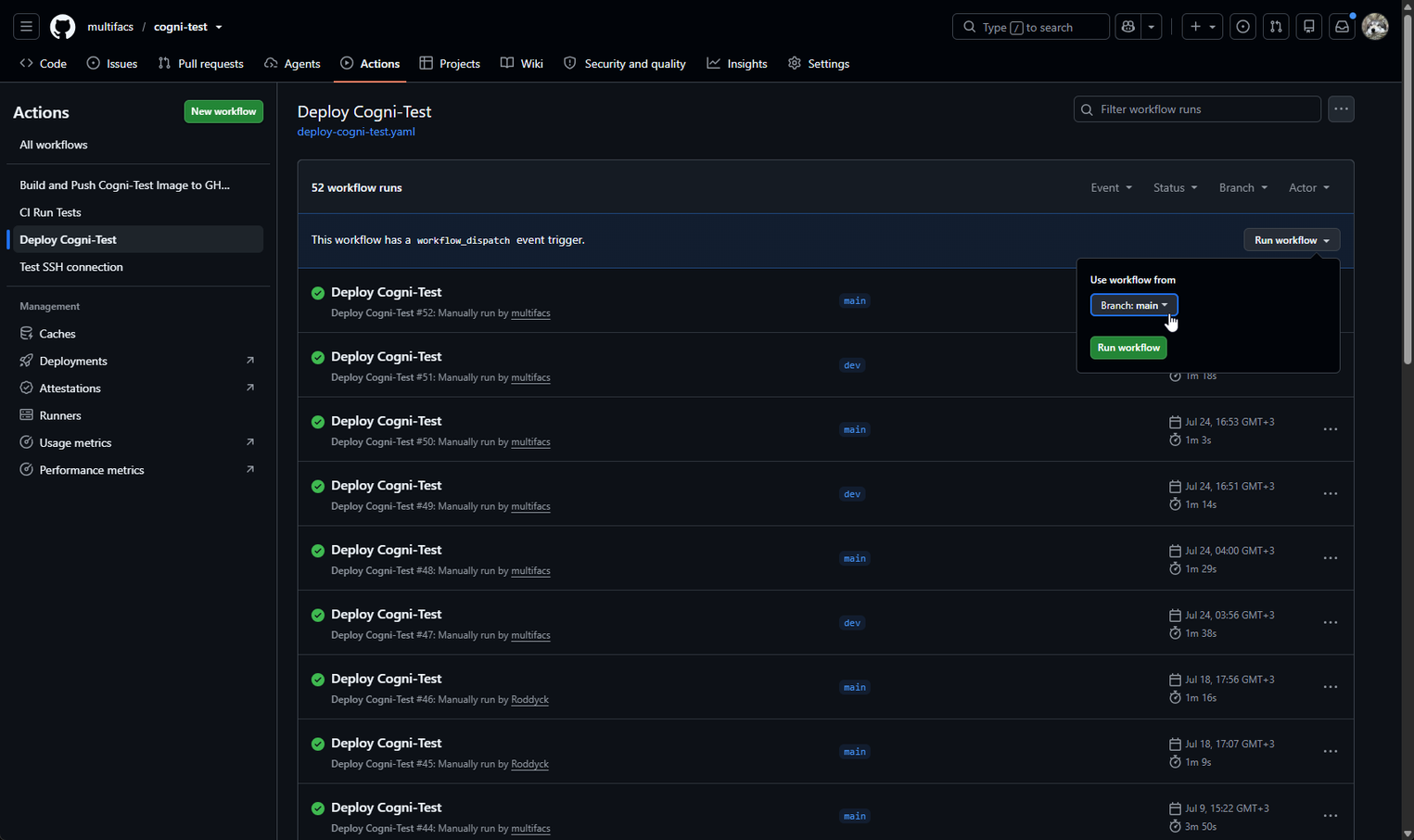 Ручной деплой через Github Actions. Интерфейс GitHub Actions, демонстрирующий процесс ручного запуска деплоя приложения Cogni-Test в ветках dev и main.