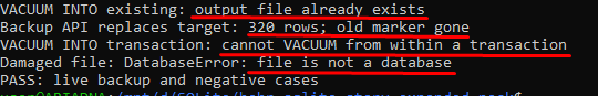 Исключения VACUUM INTO и замена существующей базы через Backup API
